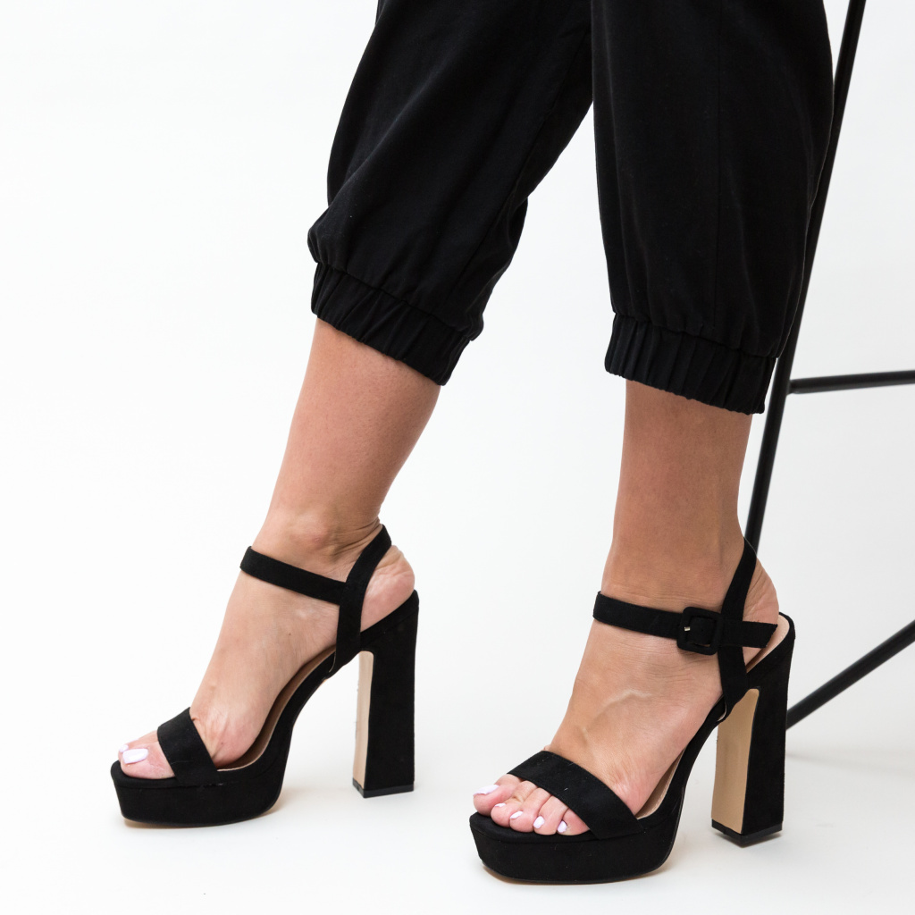 Sandale Poste Negre cu Toc Gros Elegante de Seara
