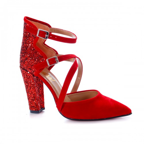 Sandale Ydani rosii cu gliter de seara cu toc elegante