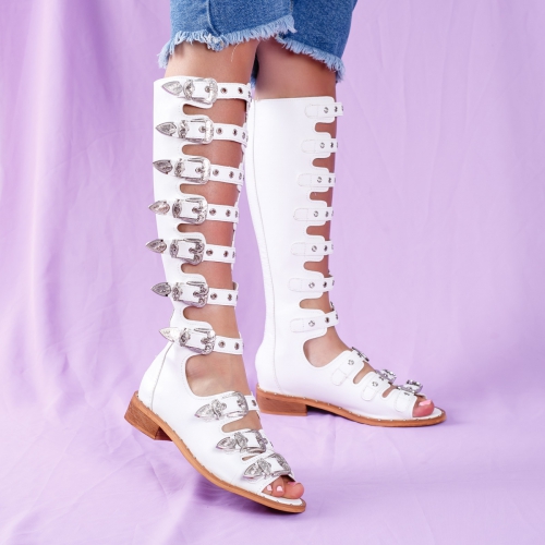 Sandale albe cu catarame Sedilia cu Talpa Joasa de Dama Online