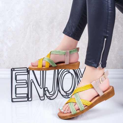 Sandale verzi cu galben Ganema cu Talpa Joasa de Dama Online